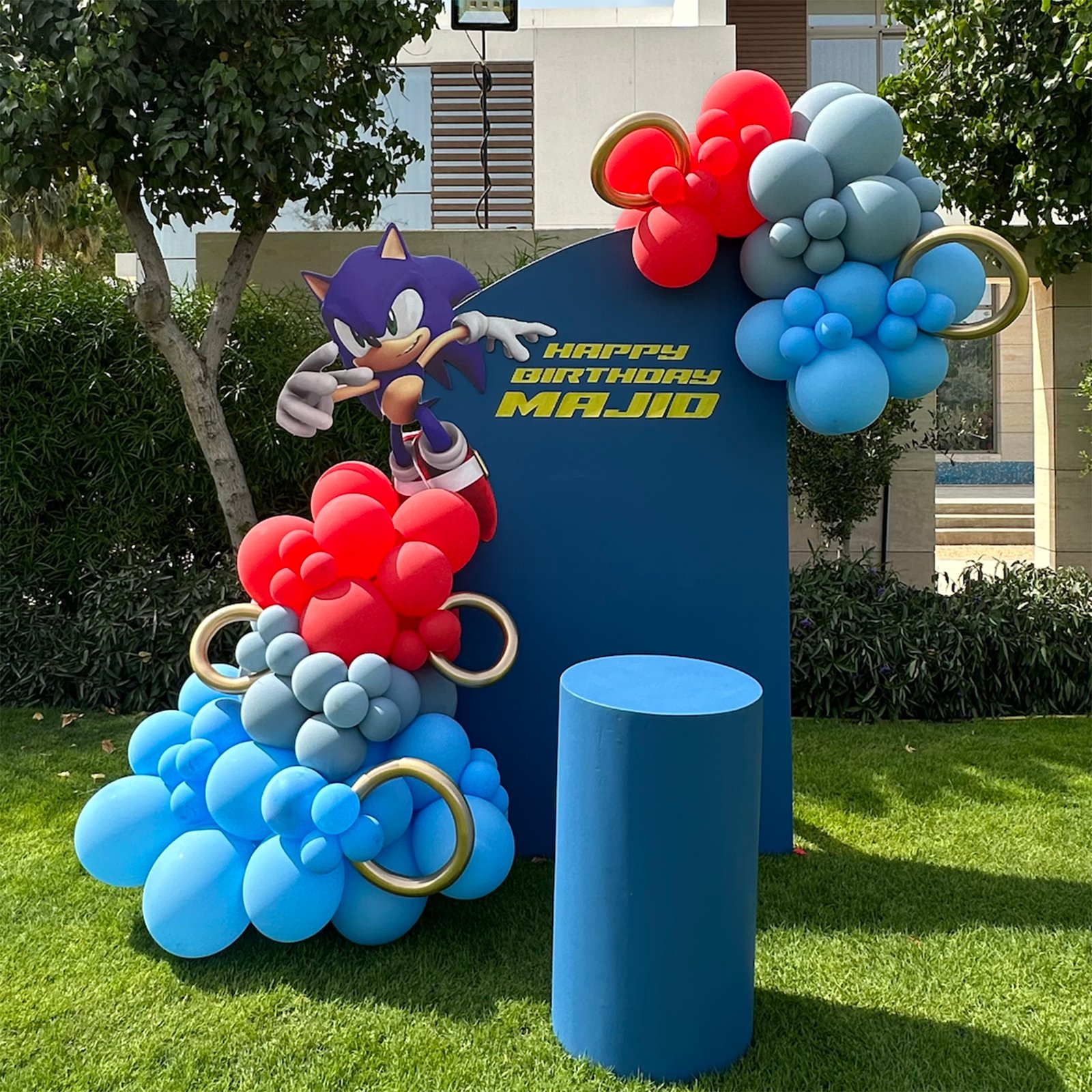 Sonic (1.8m Semi arch backdrop - white Personalised on the backdrop Balloon garlands 1 x Medium circle table - White)