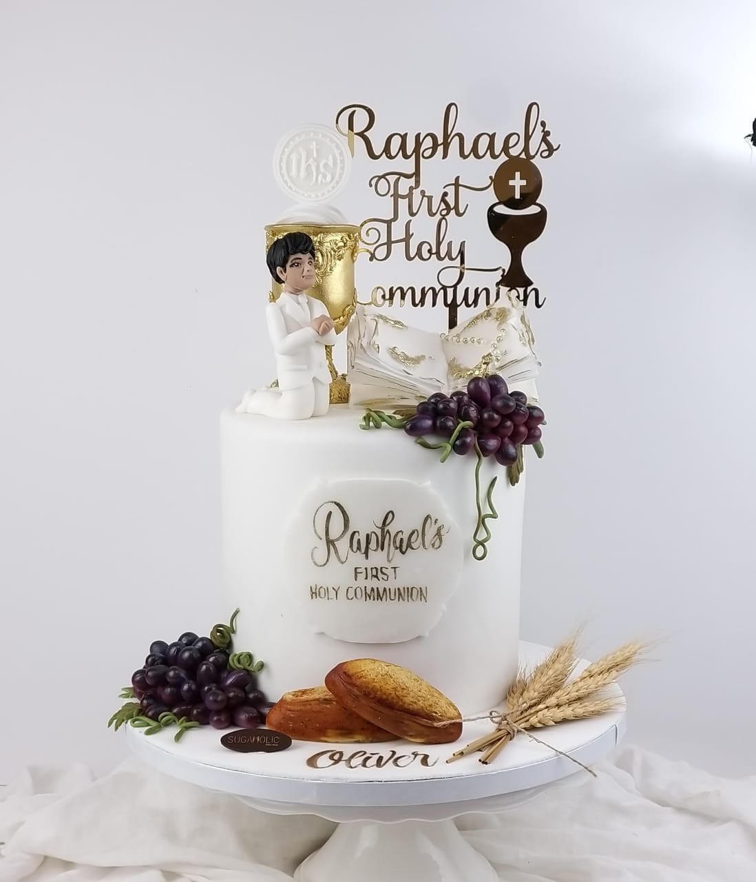 White Communion Fondant Cake  with Personalized Topper