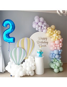 Hotair balloon birthday ( Backdrop - 1.8m, Personalisation on backdrop. Balloon garland,  Hot air balloon props x 2,  1 x plinth,  1 x foil number balloon )