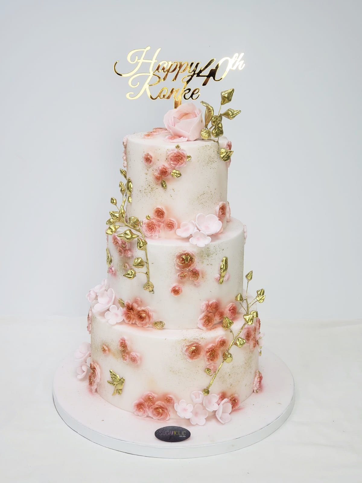 3 Tier Pink Floral Cake (with Custom Topper)
