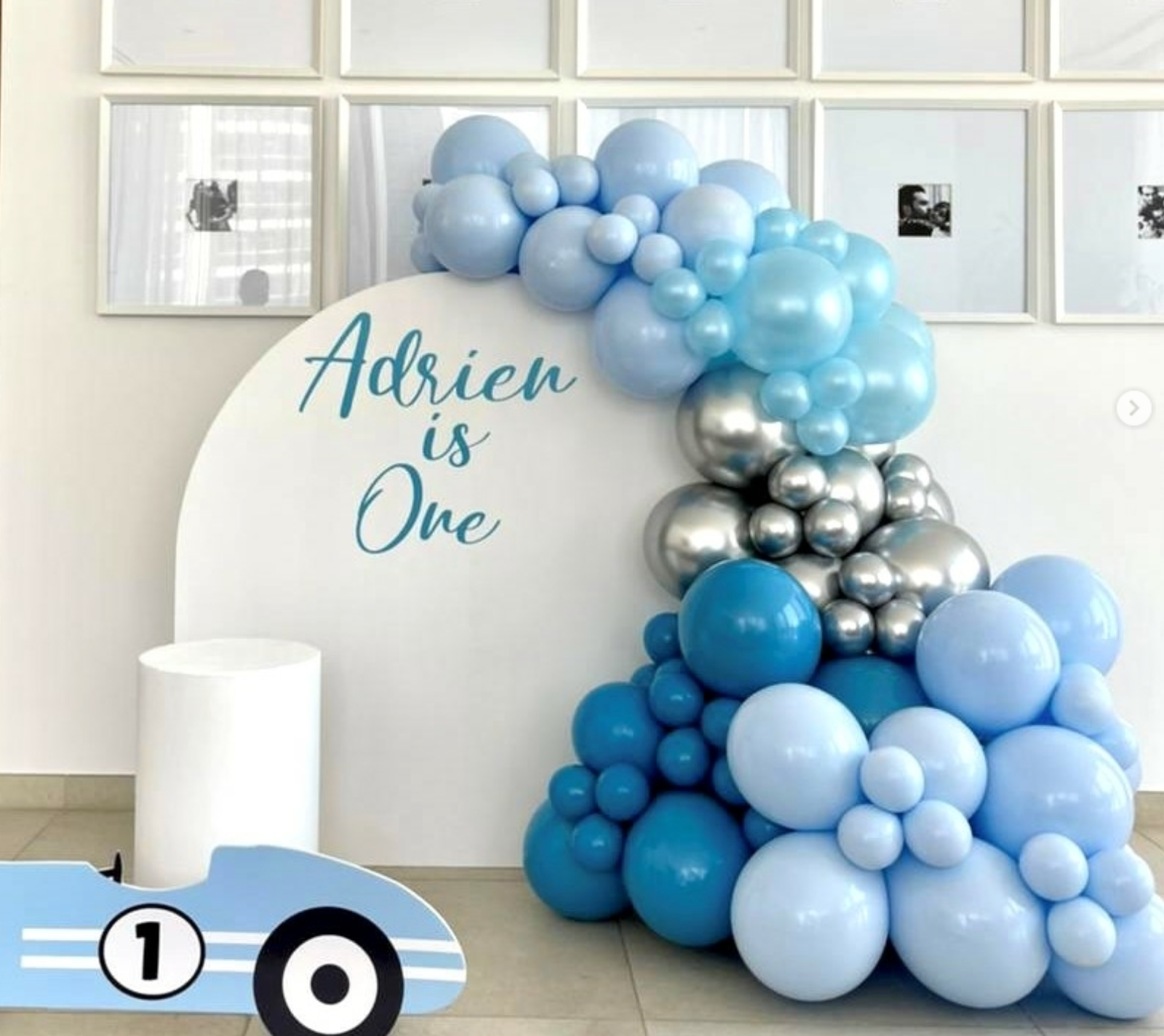 Mini Cars (Balloon garland 1.3m Semi arch backdrop - White 1 x small circle table - white Personalisation on Backdrop 1 x Car foam board)