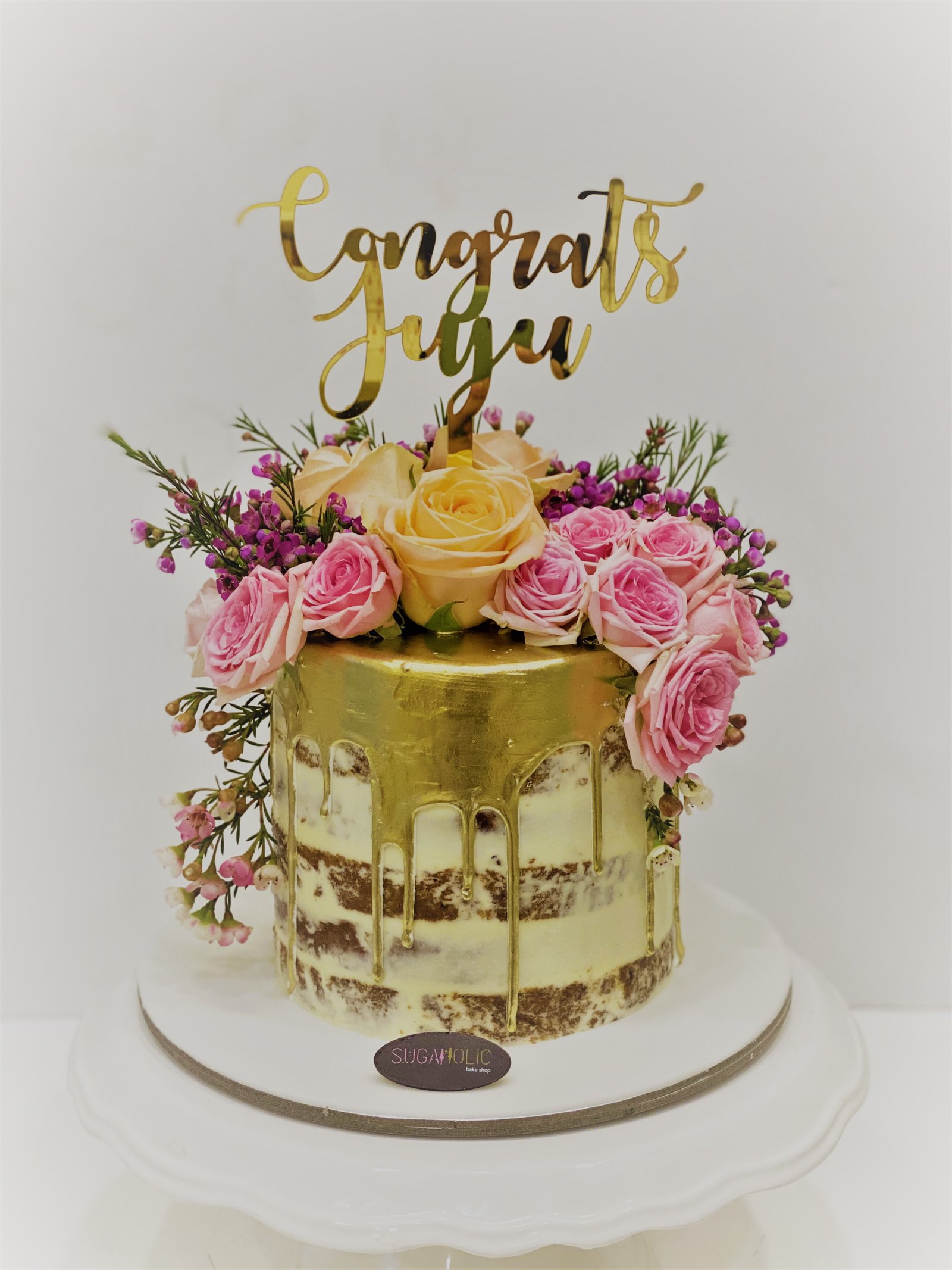 Pink Roses Topper Gold Drizzle Buttercream Cake